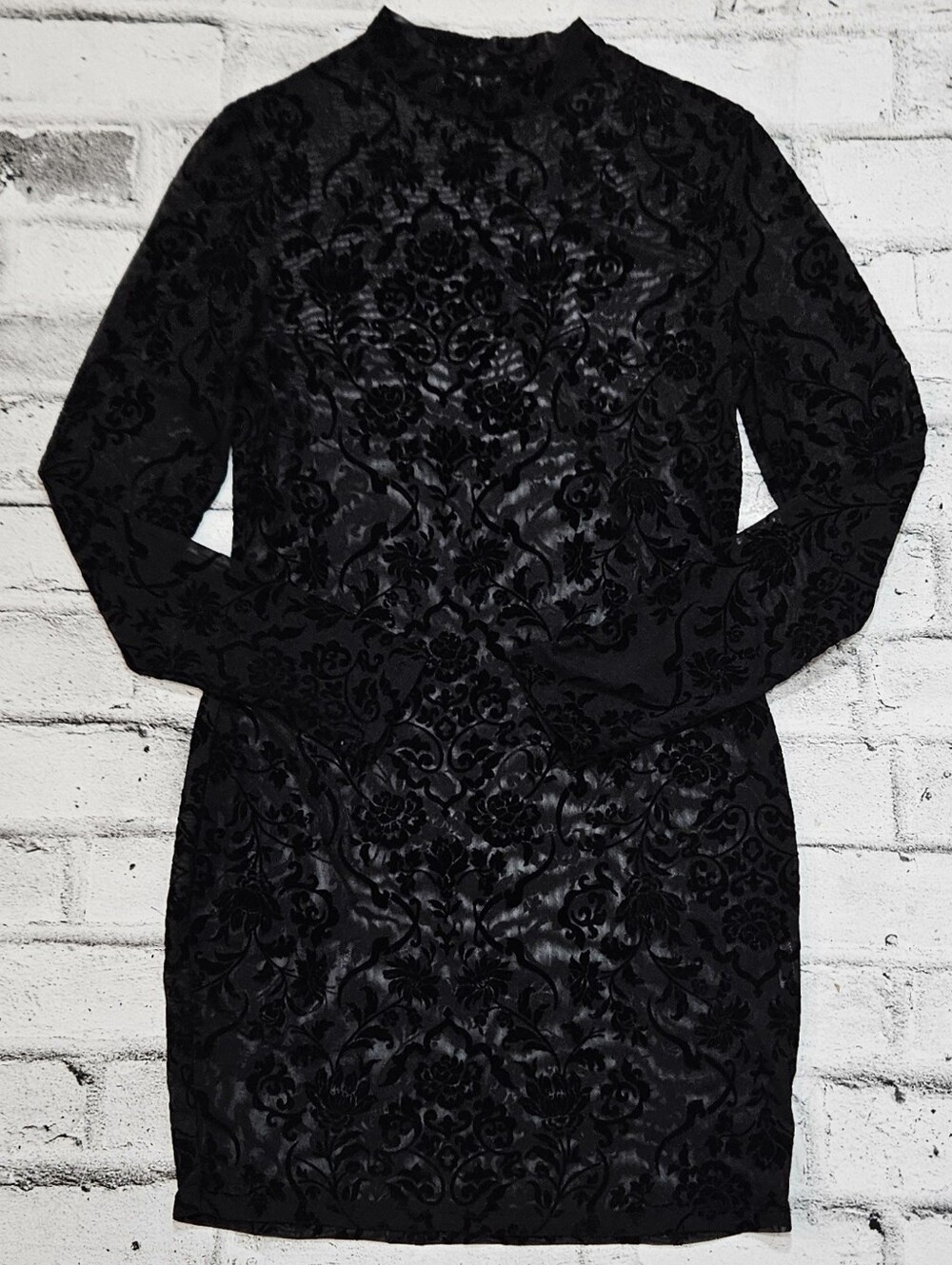 Black Flocked Velvet Mesh Bodycon Mini Dress Mock Neck Long Sleeve